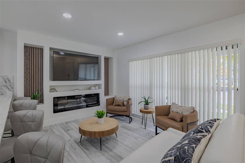 Fireplace, Interior, Living room, Recessed Lighting, Wood Texture Flooring