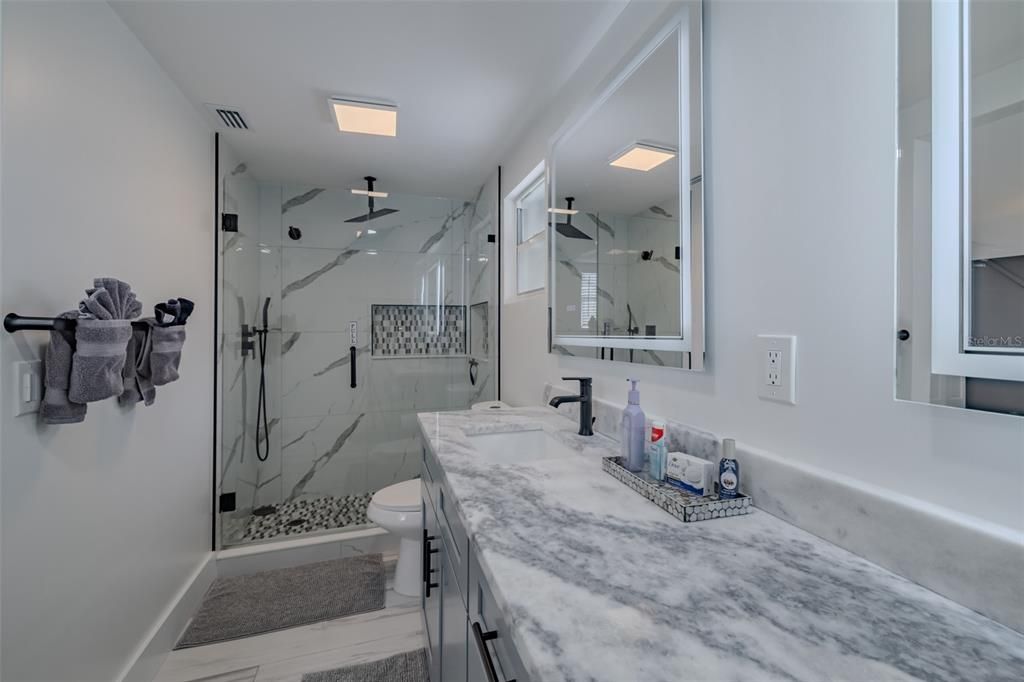Bathroom, Glass Shower, Interior, Marble Walls