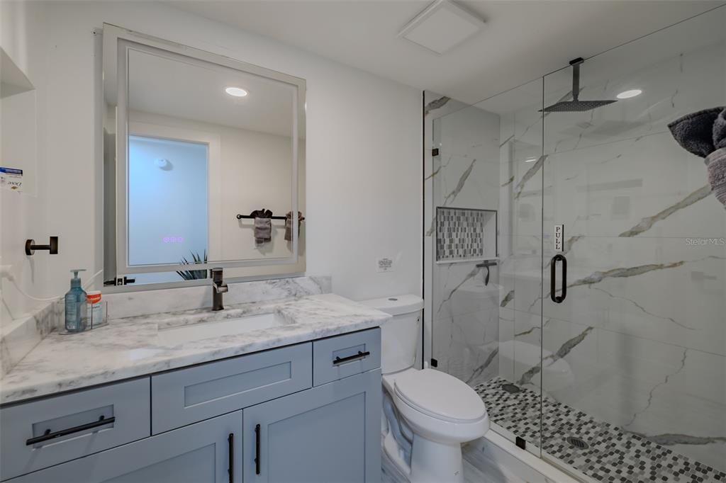 Bathroom, Glass Shower, Interior, Marble Walls, Recessed Lighting