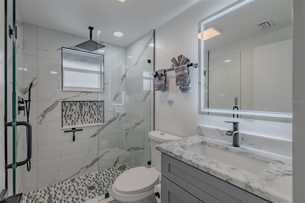 Bathroom, Glass Shower, Interior, Marble Walls, Recessed Lighting