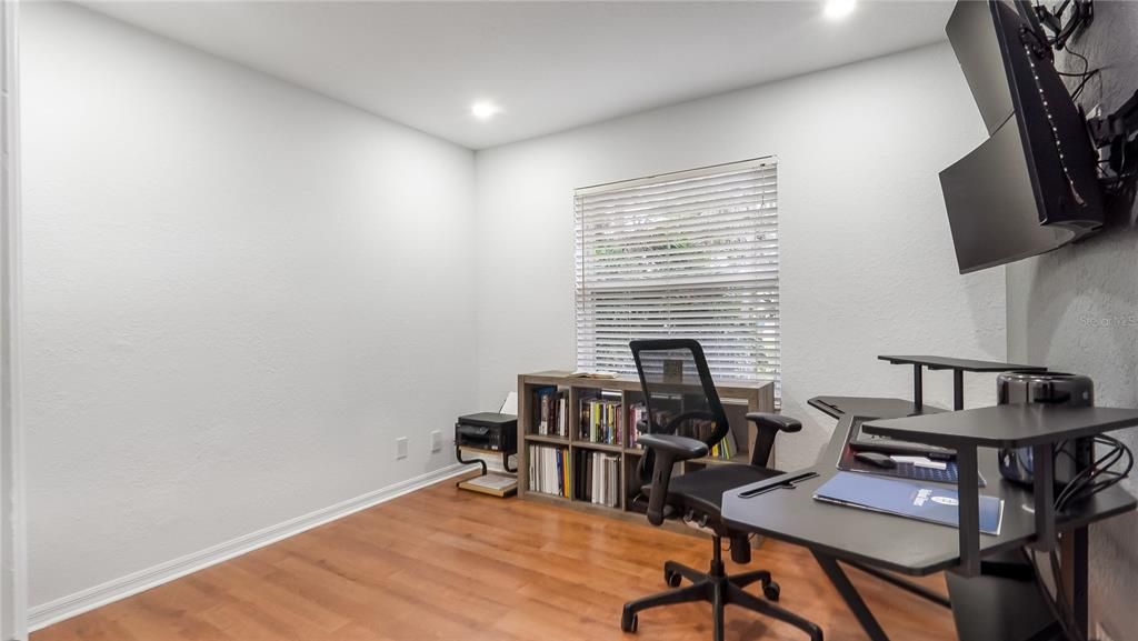 Fitness Equipment, Home Office, Interior, Recessed Lighting, Wood Texture Flooring