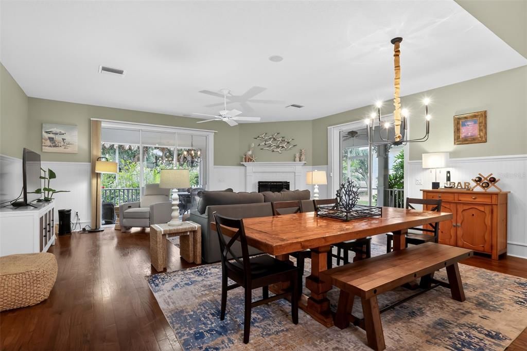Chandelier, Dining room, Fireplace, Interior, Living room, Wood Texture Flooring