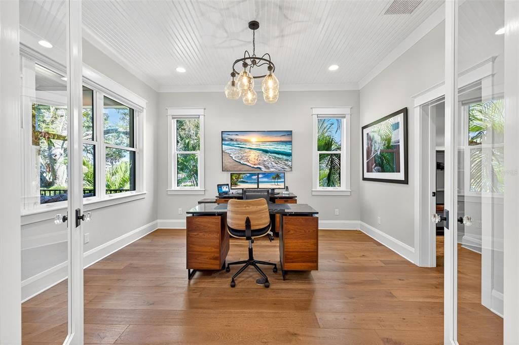 Home Office, Interior, Pendant Lights, Recessed Lighting, Wood Texture Flooring