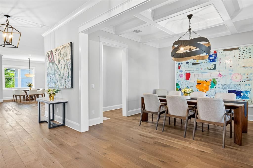 Dining room, Interior, Pendant Lights, Wood Texture Flooring