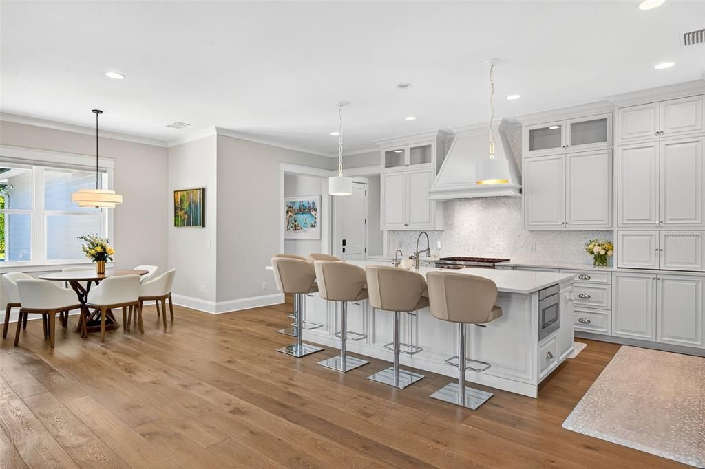 Dining room, Interior, Kitchen, Pendant Lights, Recessed Lighting, Wood Texture Flooring