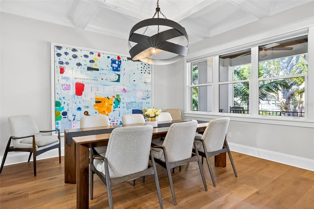 Dining room, Interior, Pendant Lights, Wood Texture Flooring