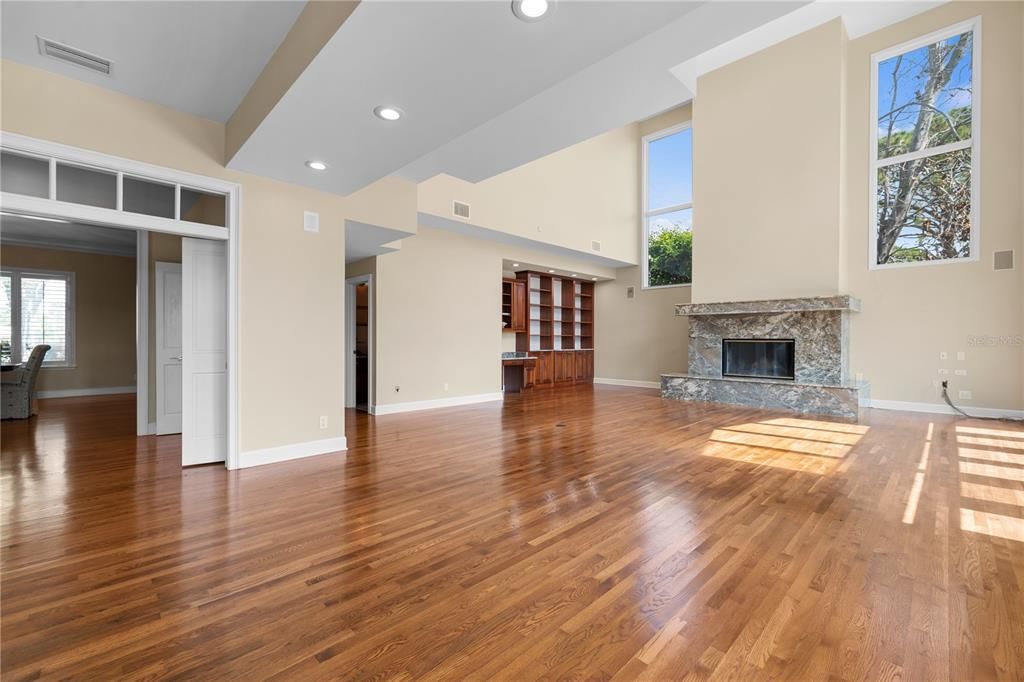 Empty room, Fireplace, Interior, Recessed Lighting, Wood Texture Flooring