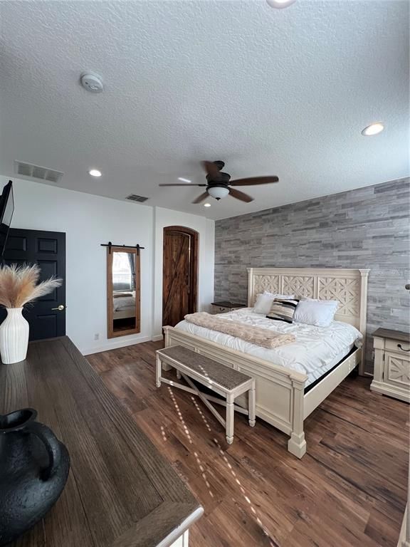 Bedroom, Interior, Recessed Lighting, Wood Texture Flooring, Wooden Walls