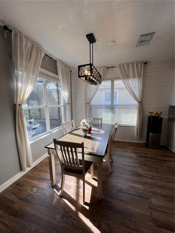 Dining room, Interior, Pendant Lights, Wood Texture Flooring