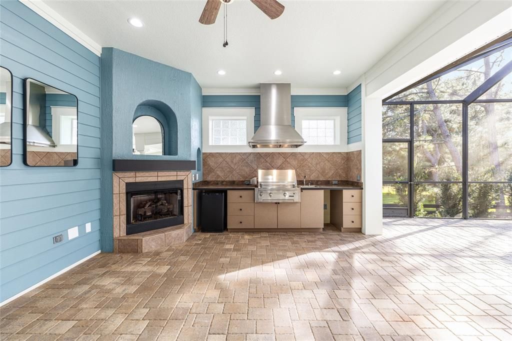 Fireplace, Interior, Kitchen, Recessed Lighting, Stainless Steel Appliances