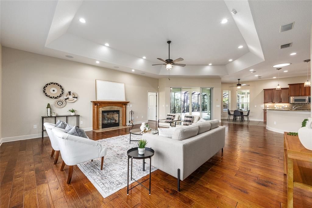 Dining room, Fireplace, Interior, Kitchen, Living room, Pendant Lights, Recessed Lighting, Wood Texture Flooring