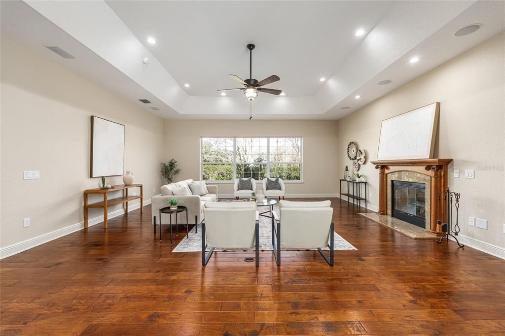 Fireplace, Interior, Living room, Recessed Lighting, Wood Texture Flooring