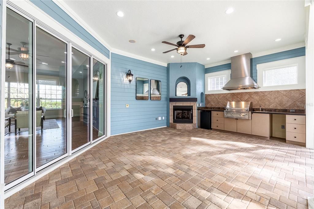 Fireplace, Interior, Kitchen, Recessed Lighting, Stainless Steel Appliances