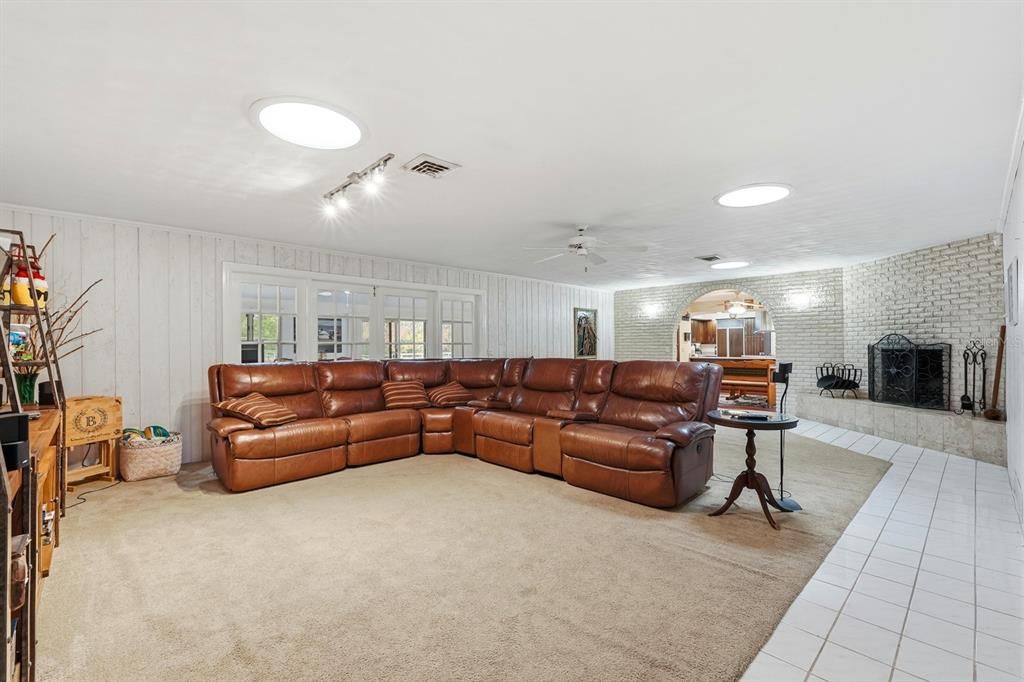 Fireplace, Interior, Living room, Recessed Lighting, Stone Walls