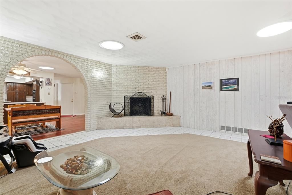 Fireplace, Interior, Recessed Lighting, Stone Walls