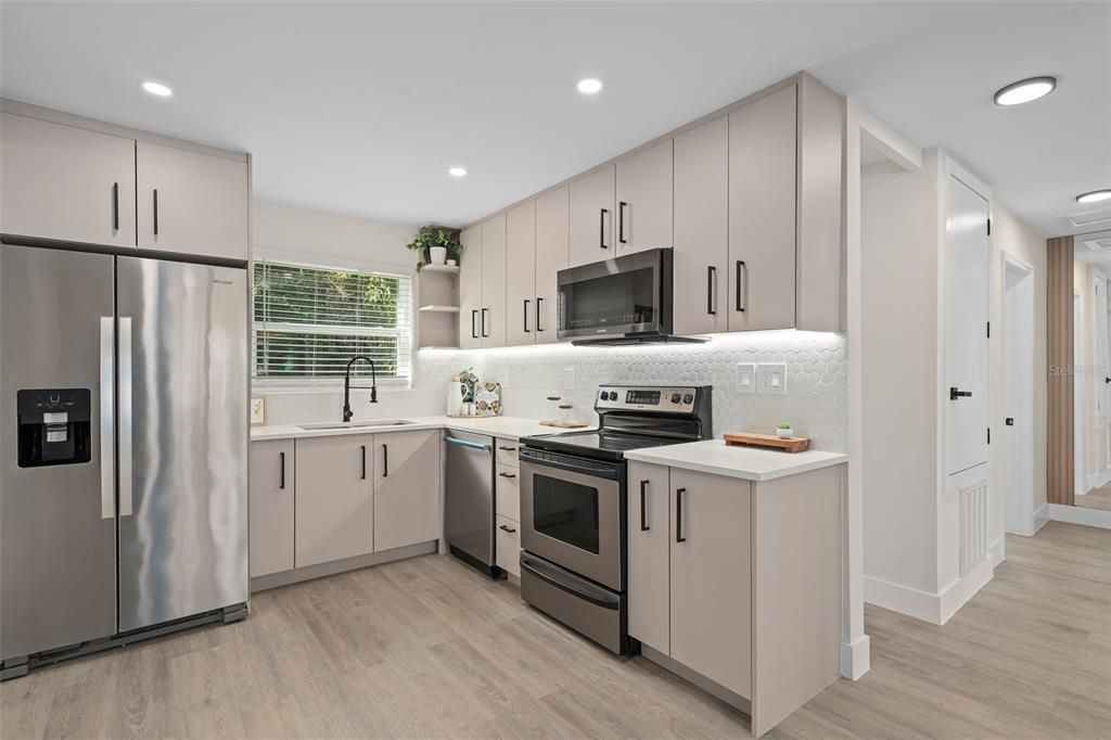 Interior, Kitchen, Recessed Lighting, Stainless Steel Appliances, Wood Texture Flooring