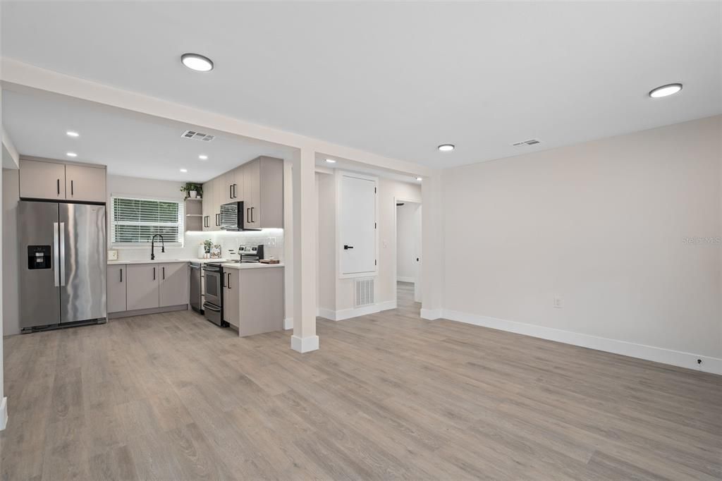 Interior, Kitchen, Recessed Lighting, Stainless Steel Appliances, Wood Texture Flooring