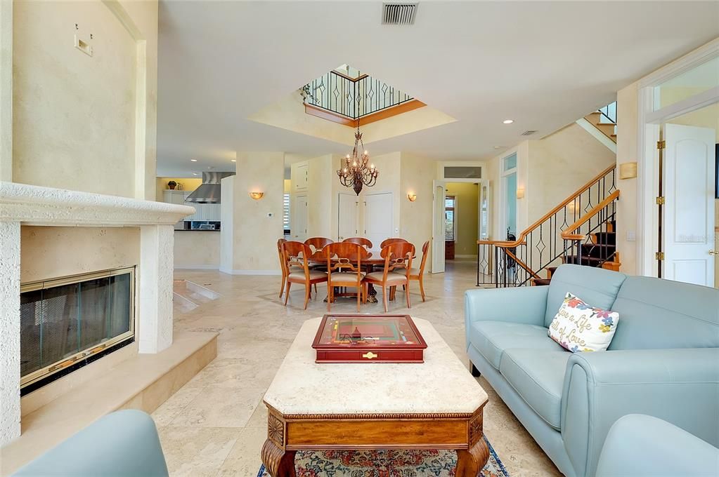 Chandelier, Dining room, Fireplace, Interior, Living room, Recessed Lighting