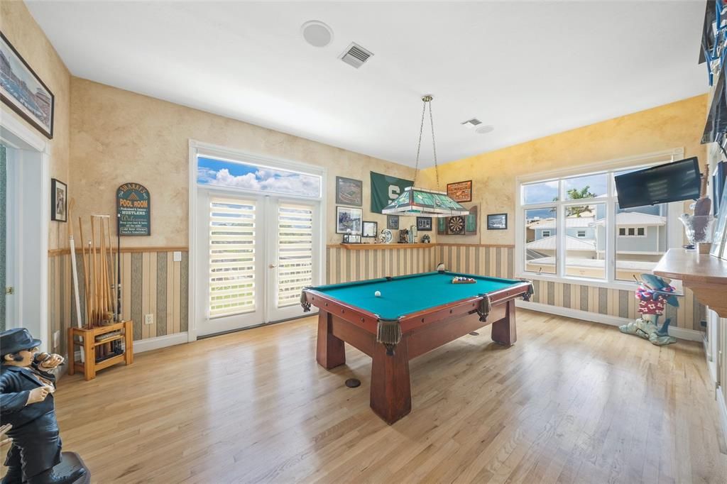 Billiard Table, Game Room, Interior, Pendant Lights, Wood Texture Flooring