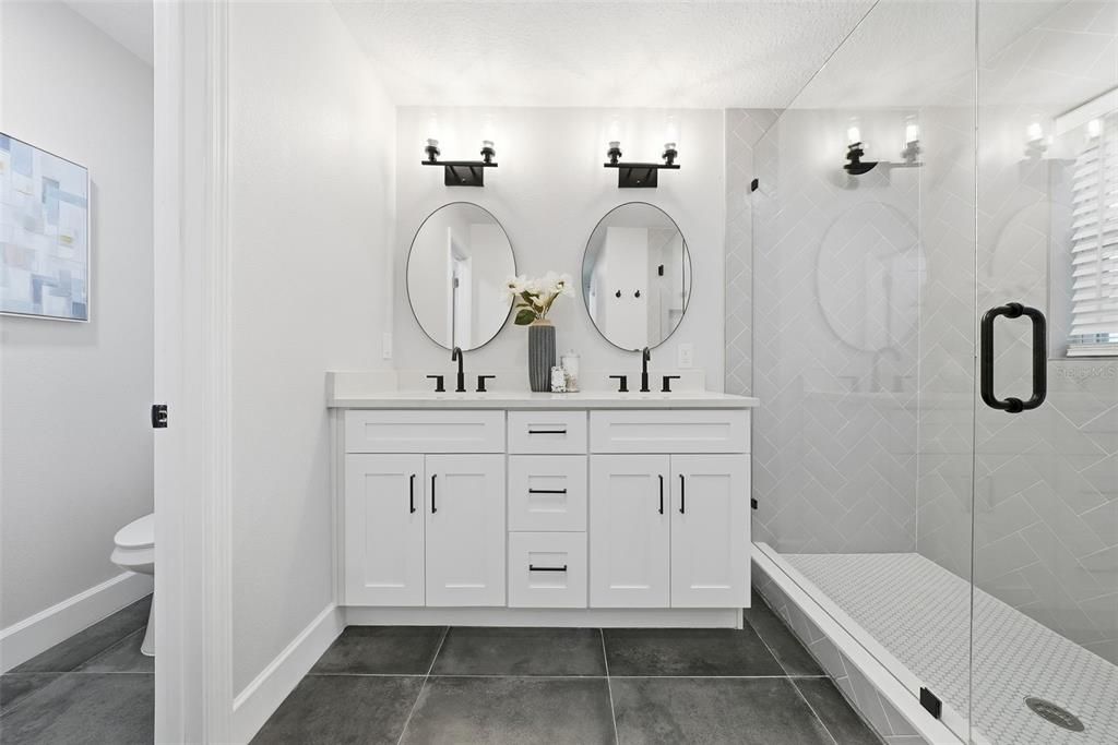 Bathroom, Dual Sink Vanities, Glass Shower, Interior
