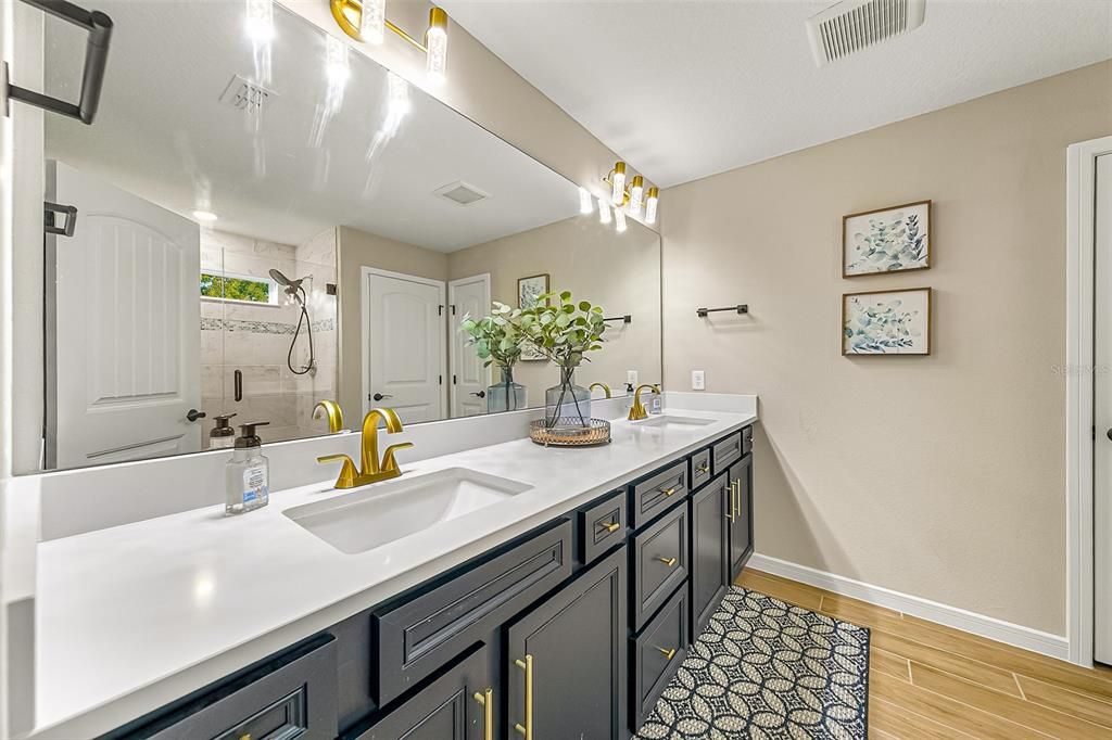 Bathroom, Dual Sink Vanities, Interior, Wood Texture Flooring