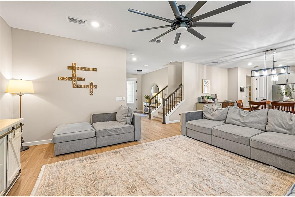 Dining room, Interior, Living room, Pendant Lights, Recessed Lighting, Wood Texture Flooring