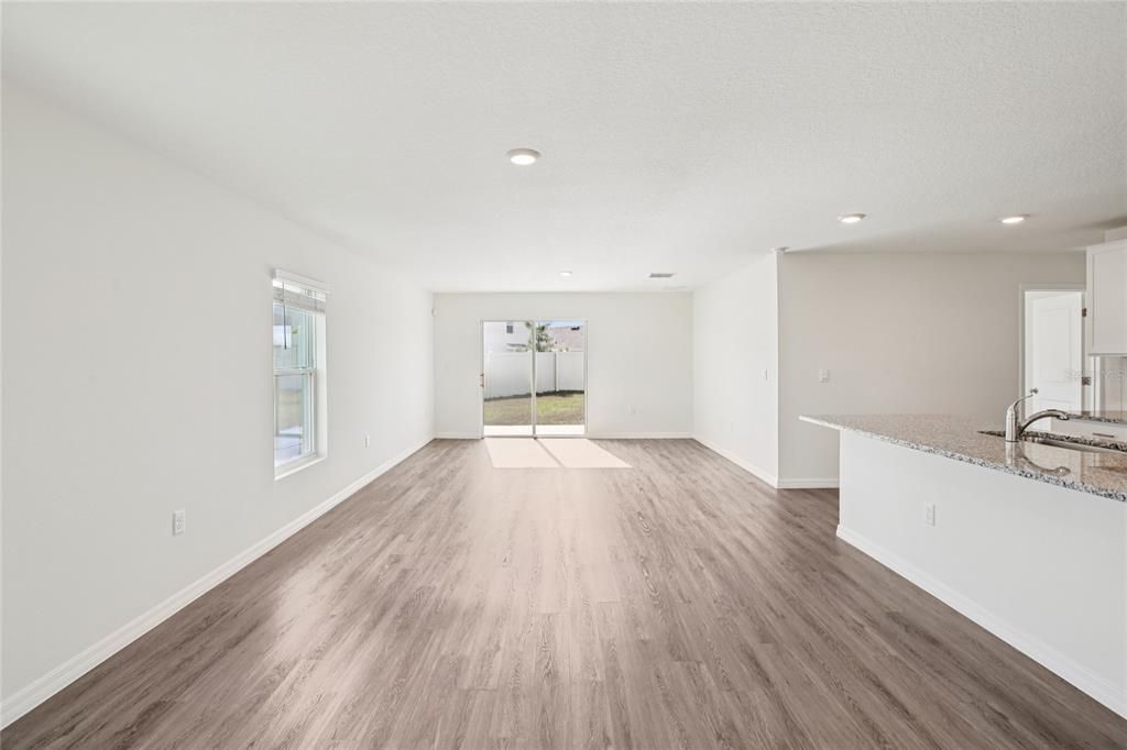 Empty room, Interior, Kitchen, Recessed Lighting, Wood Texture Flooring
