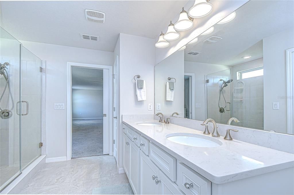 Bathroom, Dual Sink Vanities, Glass Shower, Interior, Recessed Lighting