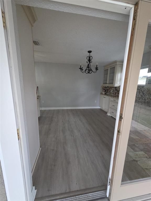 Chandelier, Empty room, Interior, Kitchen, Wood Texture Flooring