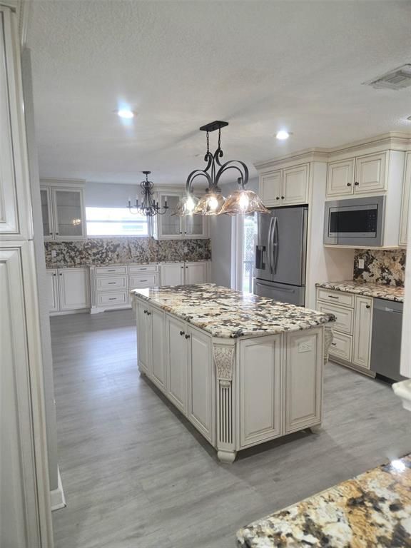 Chandelier, Interior, Kitchen, Pendant Lights, Recessed Lighting, Wood Texture Flooring