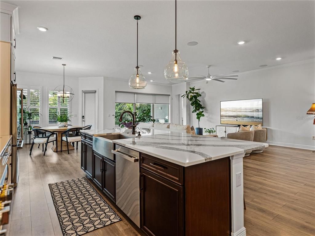 Dining room, Interior, Kitchen, Living room, Pendant Lights, Recessed Lighting, Wood Texture Flooring