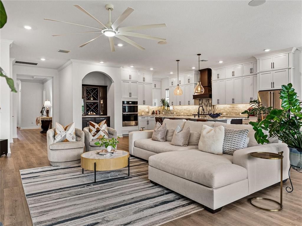 Interior, Kitchen, Living room, Pendant Lights, Recessed Lighting, Stainless Steel Appliances, Wood Texture Flooring