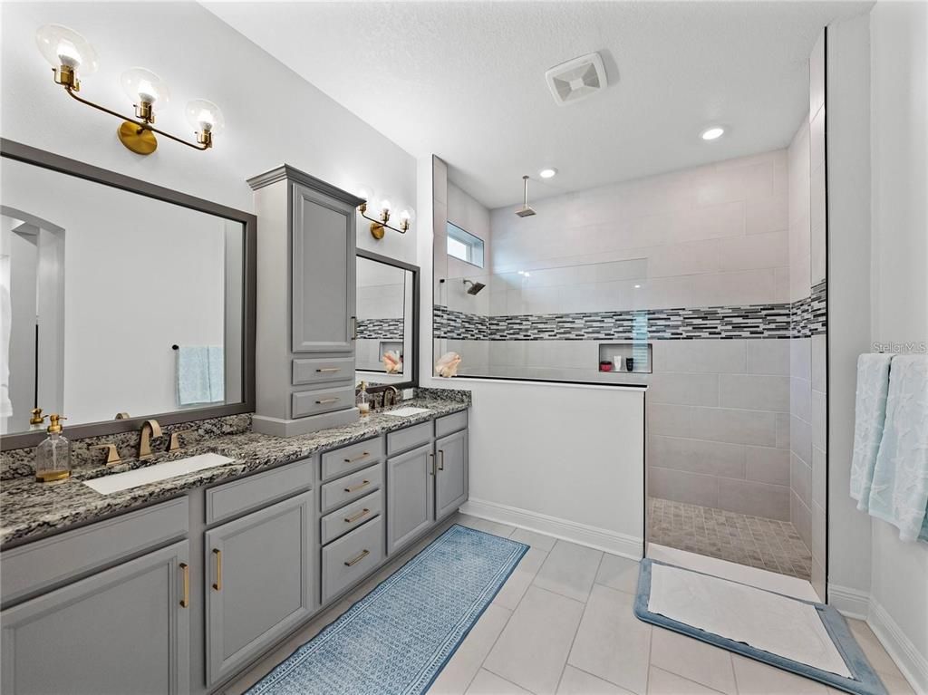 Bathroom, Dual Sink Vanities, Glass Shower, Interior, Recessed Lighting