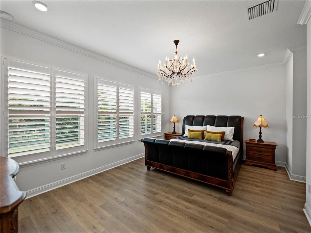 Bedroom, Chandelier, Interior, Recessed Lighting, Wood Texture Flooring