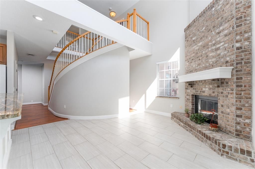 Fireplace, Interior, Recessed Lighting, Stone Walls, Wood Texture Flooring