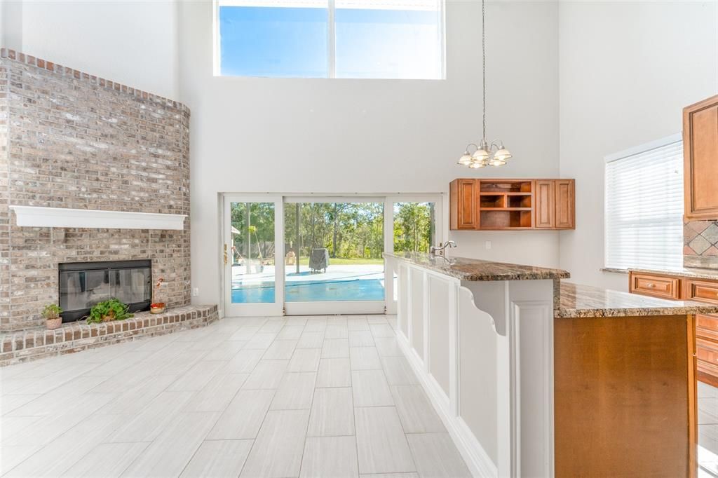 Fireplace, Interior, Pendant Lights, Stone Walls