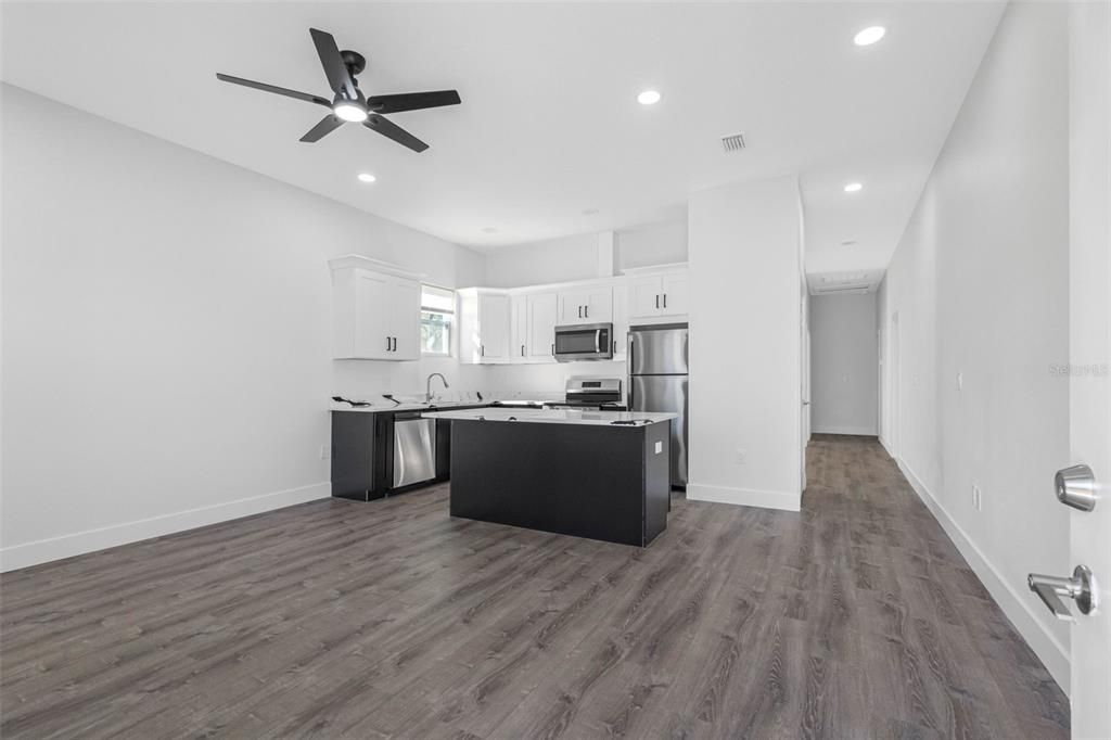 Interior, Kitchen, Recessed Lighting, Stainless Steel Appliances, Wood Texture Flooring