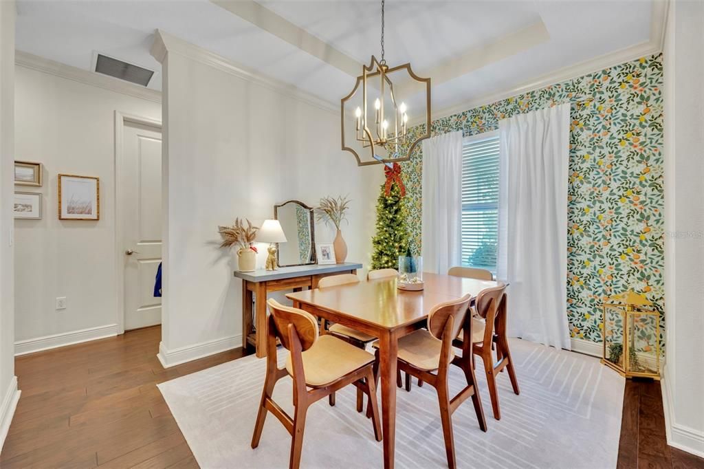 Chandelier, Dining room, Interior, Pendant Lights, Wood Texture Flooring