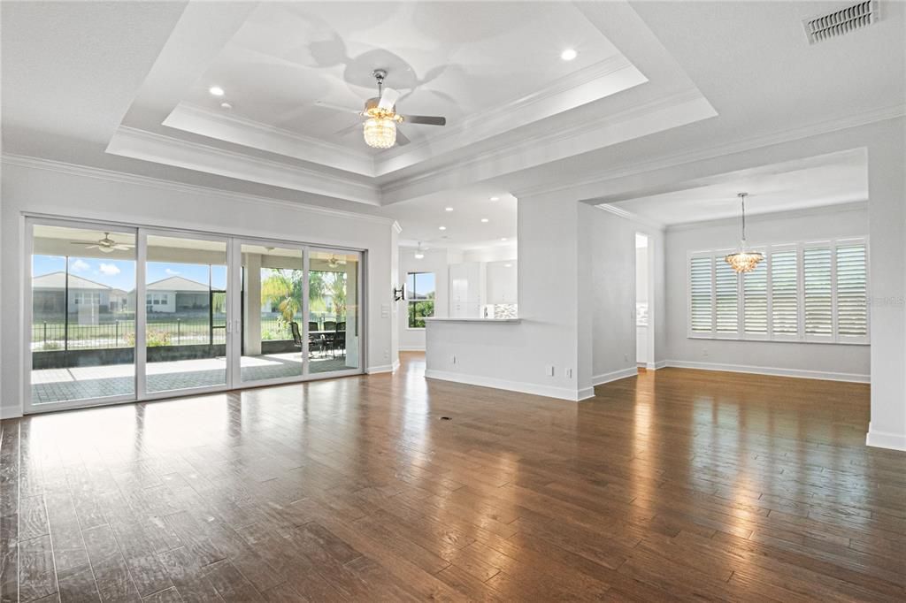 Chandelier, Empty room, Interior, Recessed Lighting, Wood Texture Flooring