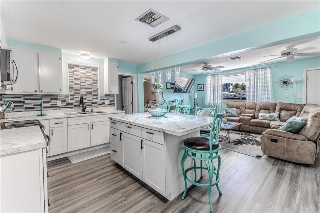 Dining room, Interior, Kitchen, Living room, Pendant Lights, Wood Texture Flooring