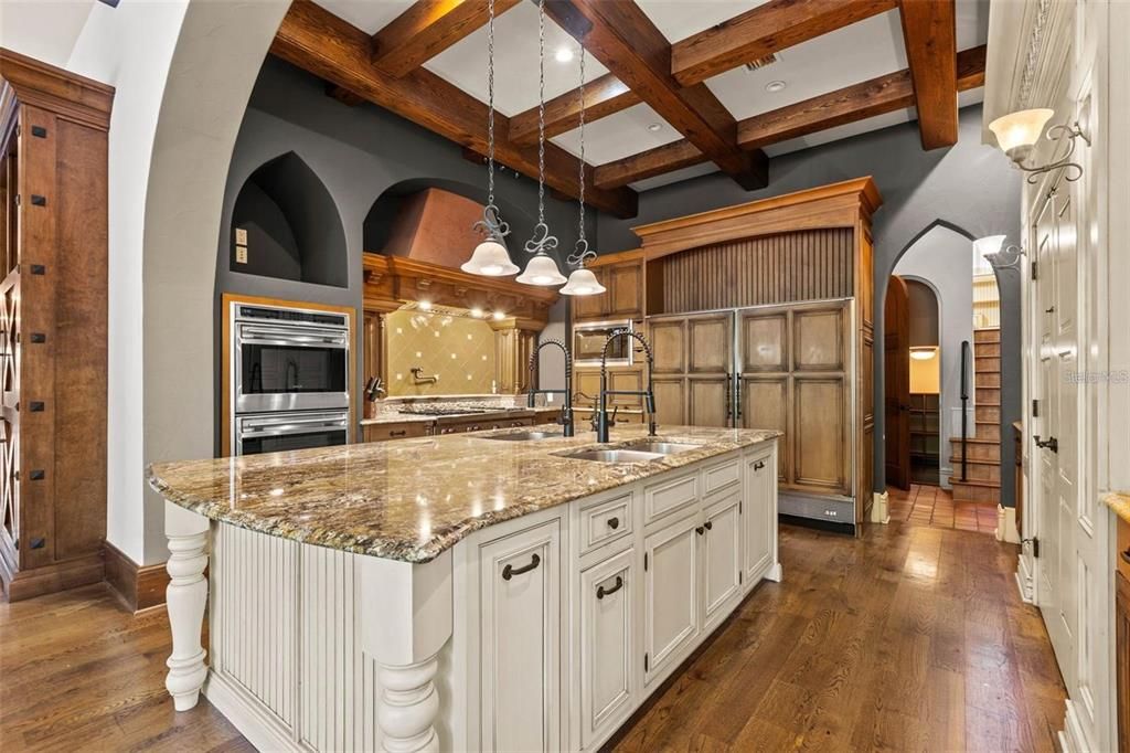 Interior, Kitchen, Pendant Lights, Recessed Lighting, Stainless Steel Appliances, Wooden Beams, Wood Texture Flooring