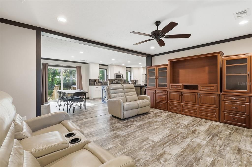 Dining room, Interior, Kitchen, Living room, Recessed Lighting, Wood Texture Flooring