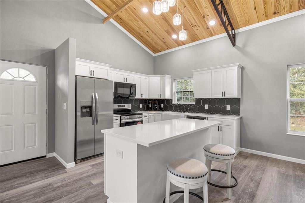 Interior, Kitchen, Pendant Lights, Stainless Steel Appliances, Wooden Beams, Wooden Ceilings, Wood Texture Flooring