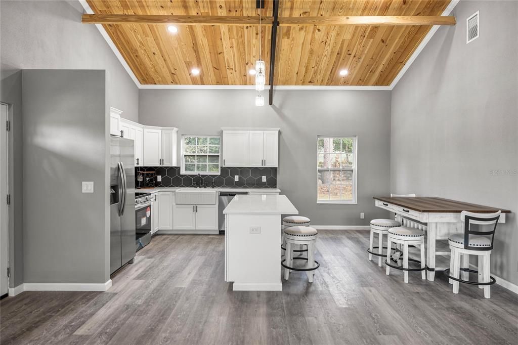 Interior, Kitchen, Recessed Lighting, Stainless Steel Appliances, Wooden Beams, Wooden Ceilings, Wood Texture Flooring