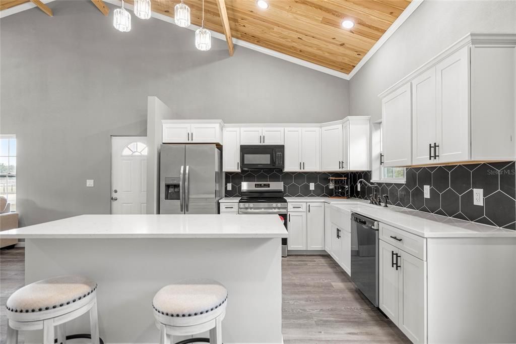 Interior, Kitchen, Recessed Lighting, Stainless Steel Appliances, Wooden Ceilings, Wood Texture Flooring