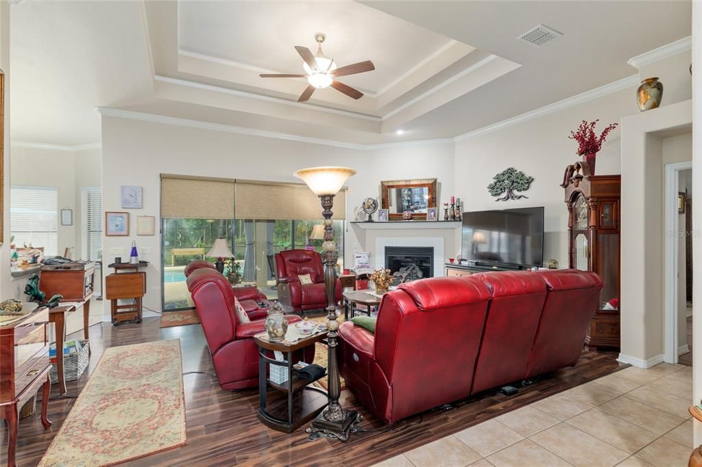 Fireplace, Interior, Living room, Recessed Lighting, Wood Texture Flooring