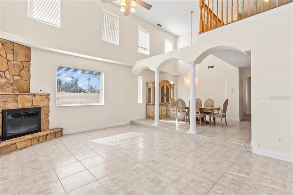 Chandelier, Dining room, Fireplace, Interior