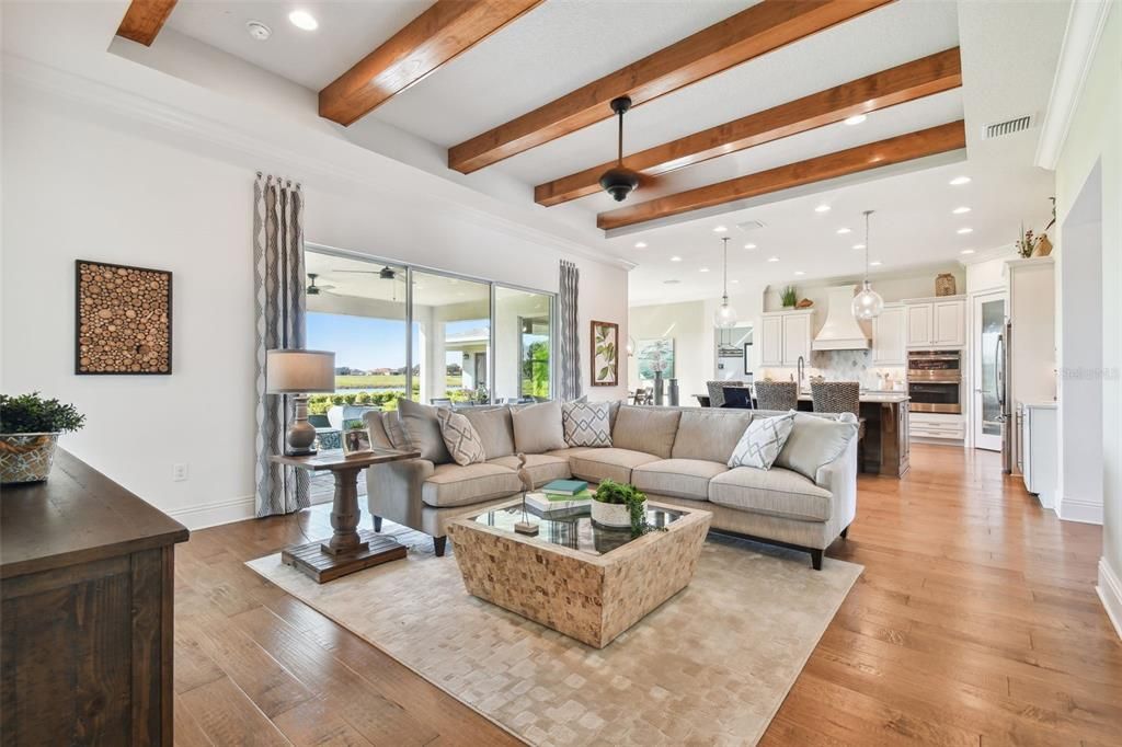 Interior, Kitchen, Living room, Pendant Lights, Recessed Lighting, Stainless Steel Appliances, Wooden Beams, Wood Texture Flooring