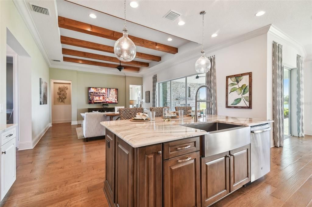 Interior, Kitchen, Living room, Pendant Lights, Recessed Lighting, Stainless Steel Appliances, Wooden Beams, Wood Texture Flooring