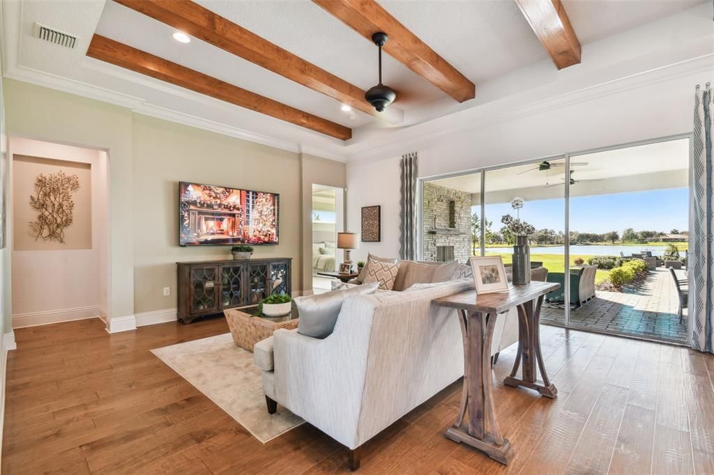 Interior, Living room, Recessed Lighting, Water, Wooden Beams, Wood Texture Flooring